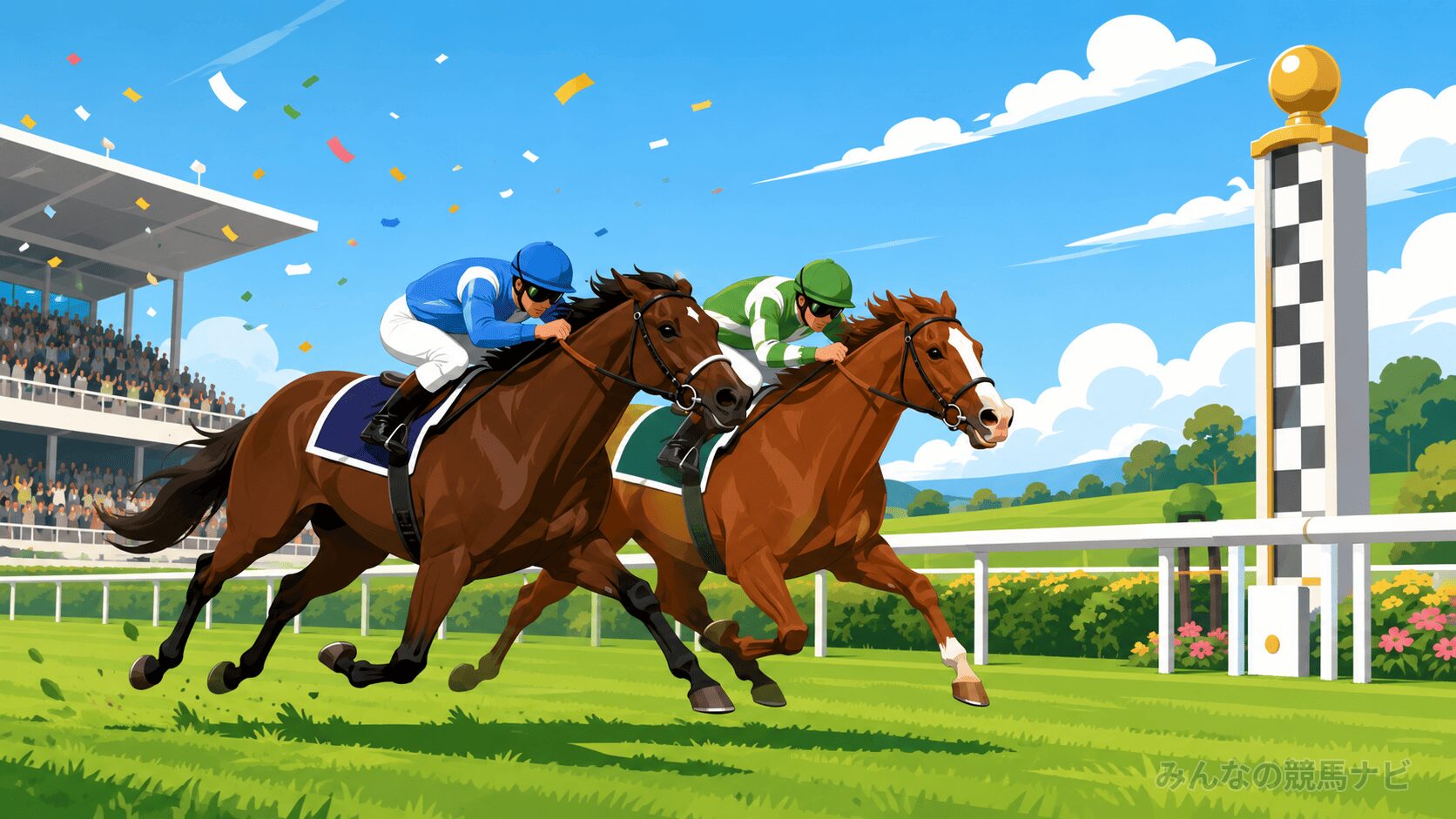 競馬場のゴール前を2頭の競走馬が並んで疾走する躍動的なシーン。明るい青空と芝、爽やかで親しみやすいフラットイラスト